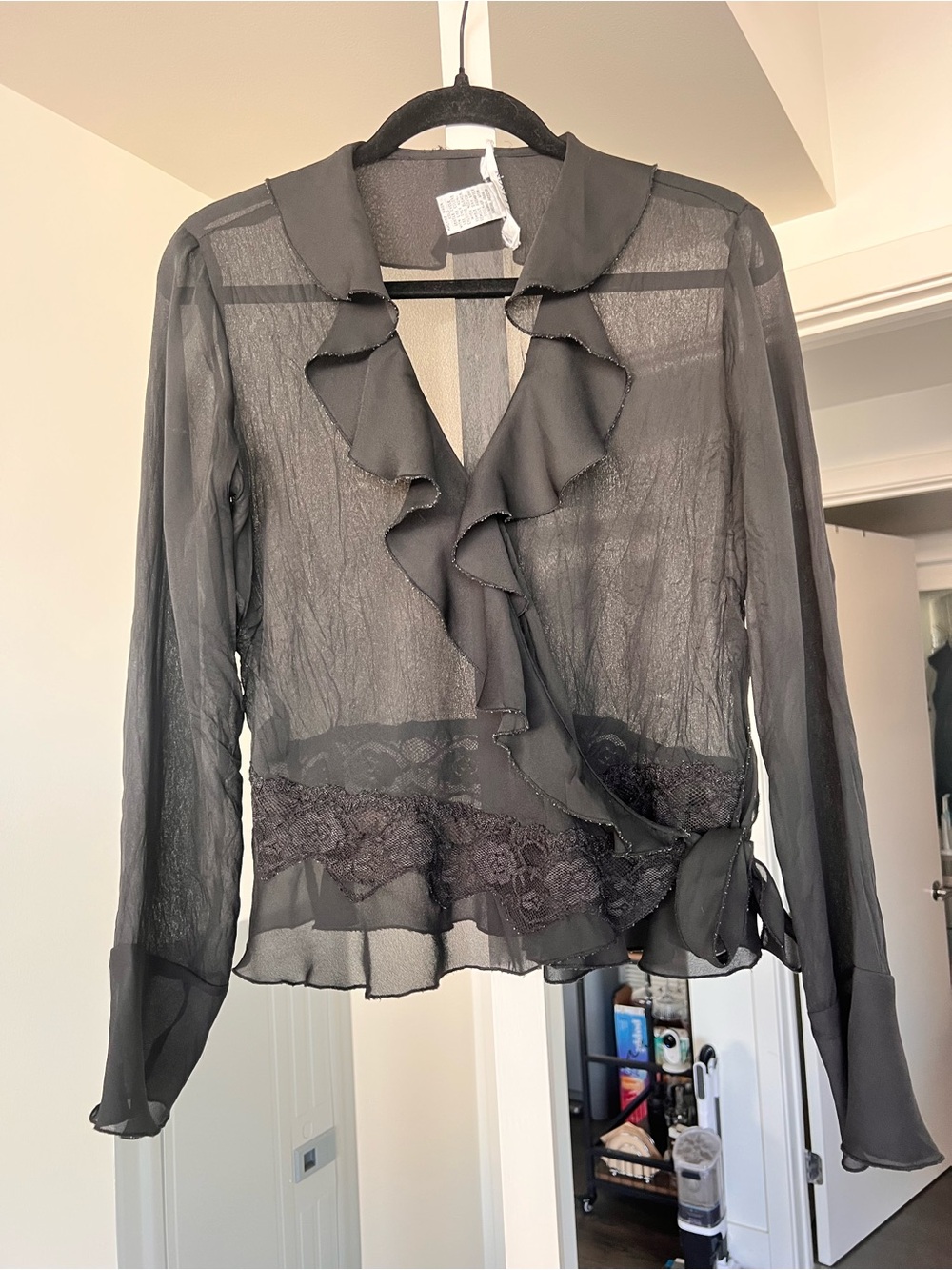 Vintage Allison Taylor Sheer Chifon V-Neck Wrap Ruffled Blouse Black Size Small